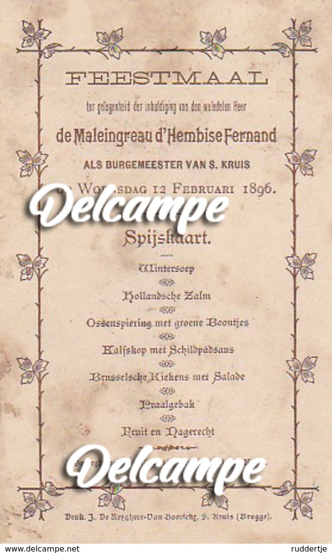Menukaart - Feestmaal 'de Maleingreau D'Hembise Fernand - Burgermeester Van St-Kruis (Brugge)' 12 Febr.1896 - Menus