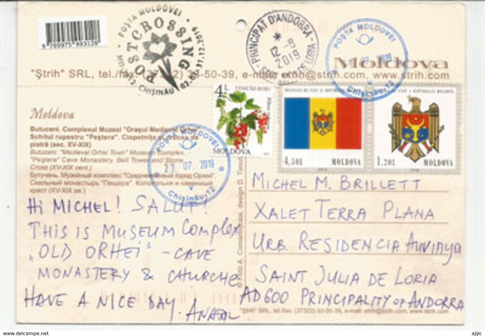 Cave Monastery,Orheiul Vechi (13th Century), Postcard Moldova Sent To Andorra, With Arrival Postmark - Moldova