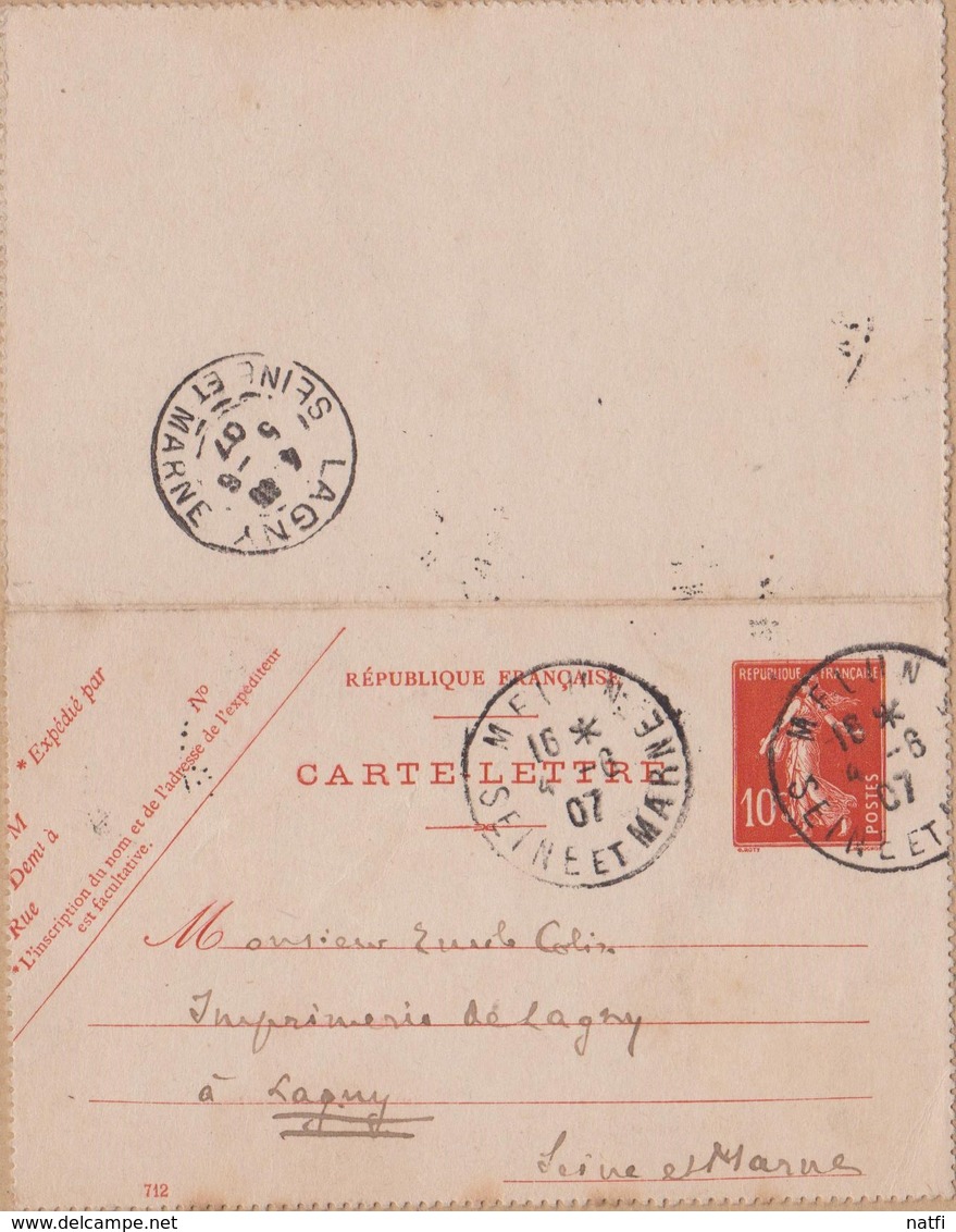 CARTE LETTRE TYPE SEMEUSE FOND PLEIN 10 C ROUGE 1907  MELUN A LAGNY - Tarjetas Cartas