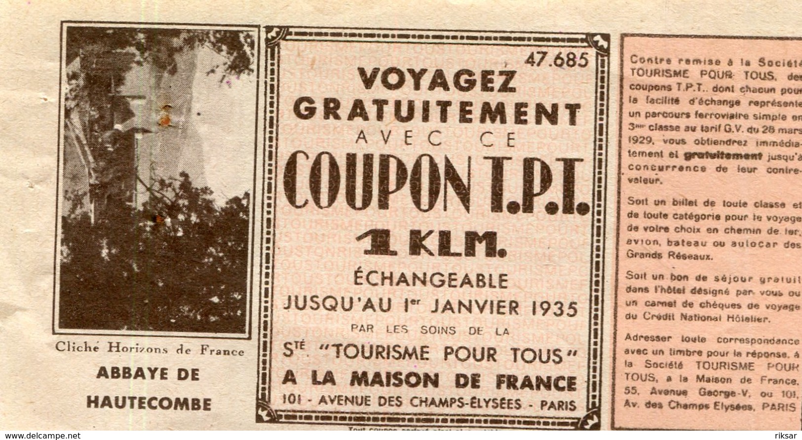 COUPON T.P.T.(ABBAYE DE HAUTECOMBE) - Autres & Non Classés