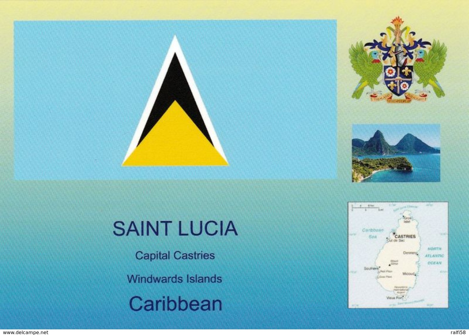 1 AK Saint Lucia * Flagge, Wappen, Landkarte Und Eine Ansicht Von Saint Lucia * - St. Lucia