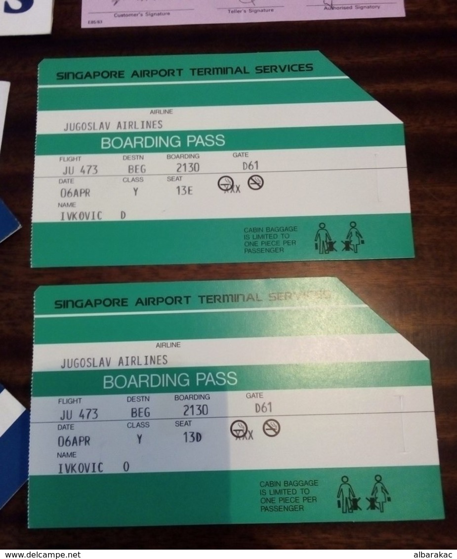 Yugoslavia JAT Airways -  Passenger Ticket And Baggage Check, Beograd - Singapore 1990, Two Card - World