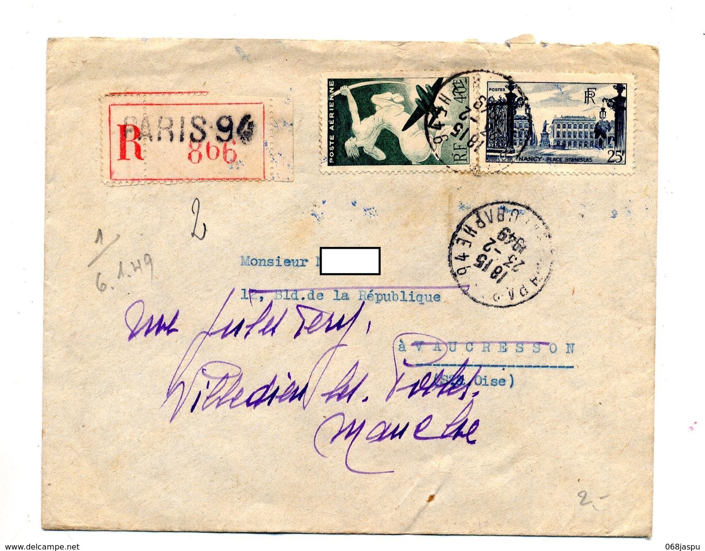 Lettre Recommandée Paris 94 Sur Avion Nancy - Manual Postmarks