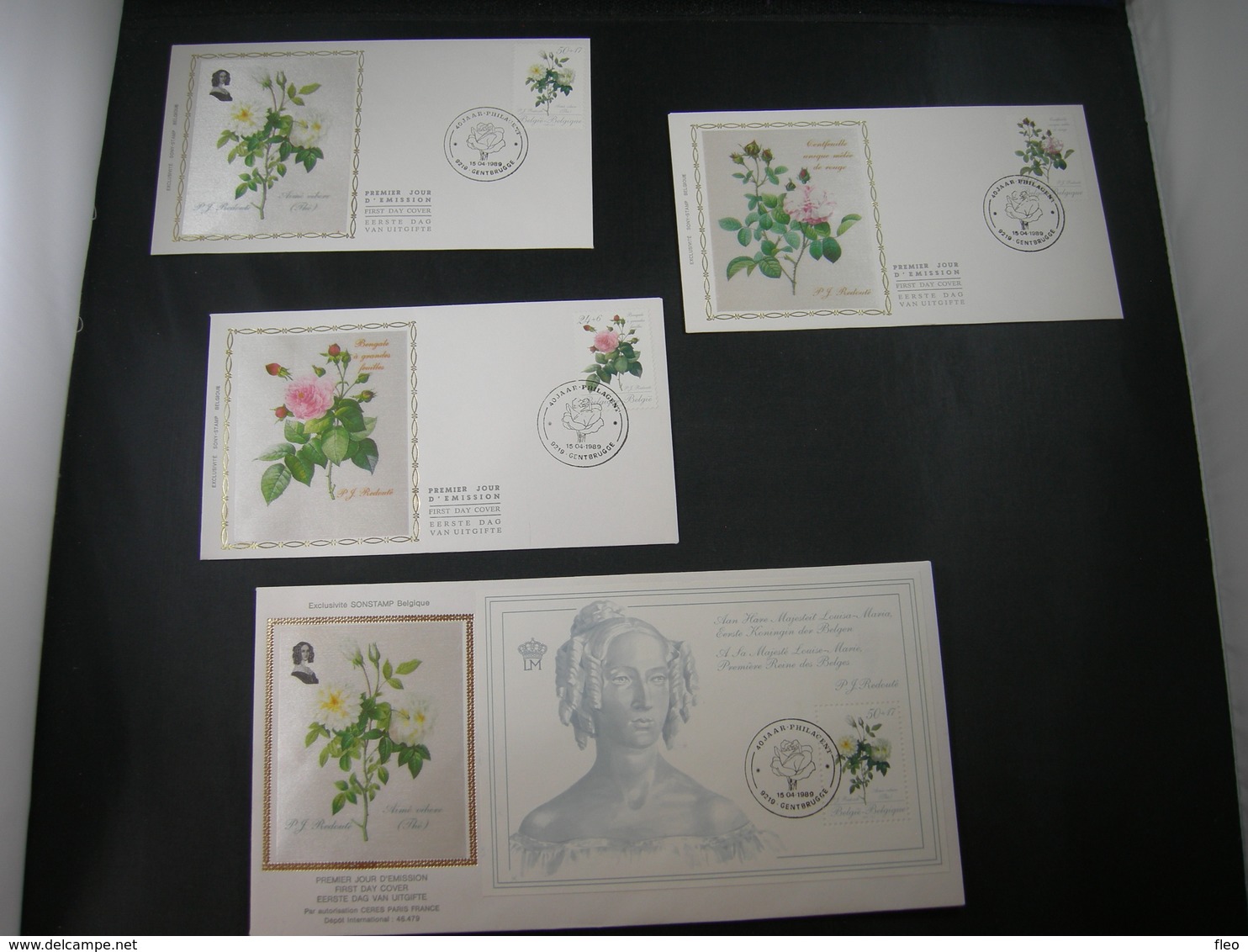 BELG.1989 2318 2319 2320 & BL65 FDC's Soie/zijde : " PROMOTIE VAN DE FILATELIE/PROMOTION DE LA PHILATELIE ROSES-ROZEN " - 1981-1990