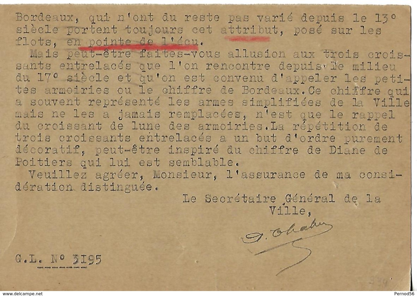 Timbre Entier Postal  TYPE Semeuse 40 C Bleu M DEMENY Armoiries BORDEAUX Histoire - 1906-38 Semeuse Camée