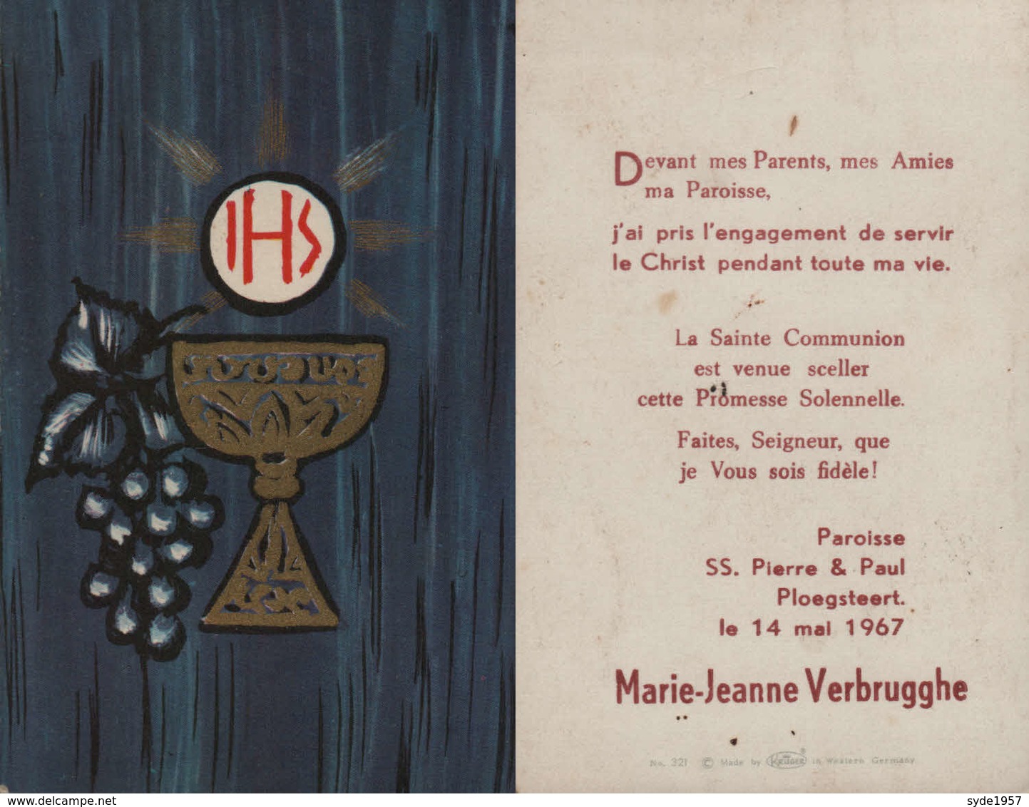 Souvenir De Communion Marie-Jeanne Verbrugghe 14 Mai 1967 Paroisse Saint Pierre Et Paul Ploegsteert - Communion