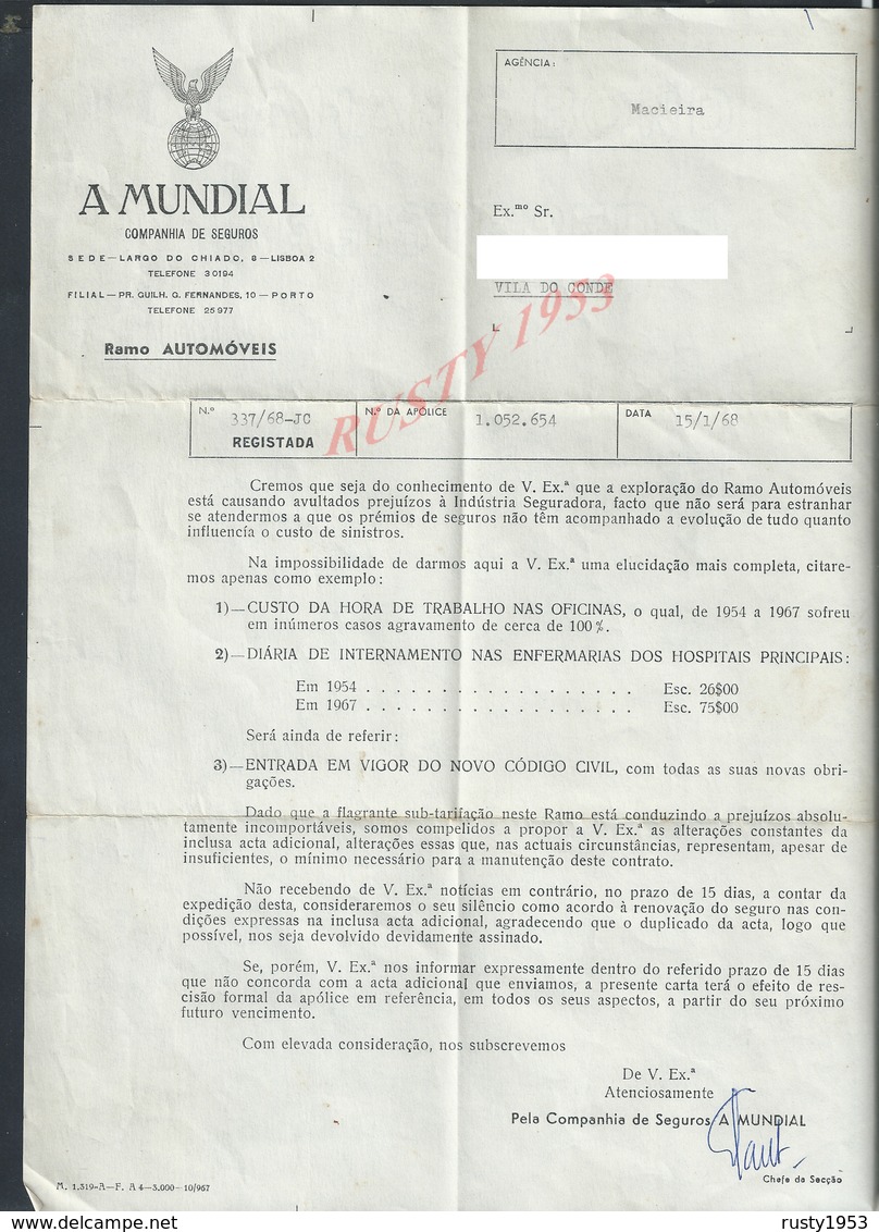 PORTUGAL ASSURANCE LETTRE DE A MONDIAL COMPAGNIA DE SEGUROS LISBOA X PORTO 1968 POUR VILA DO CONDE : - Portugal