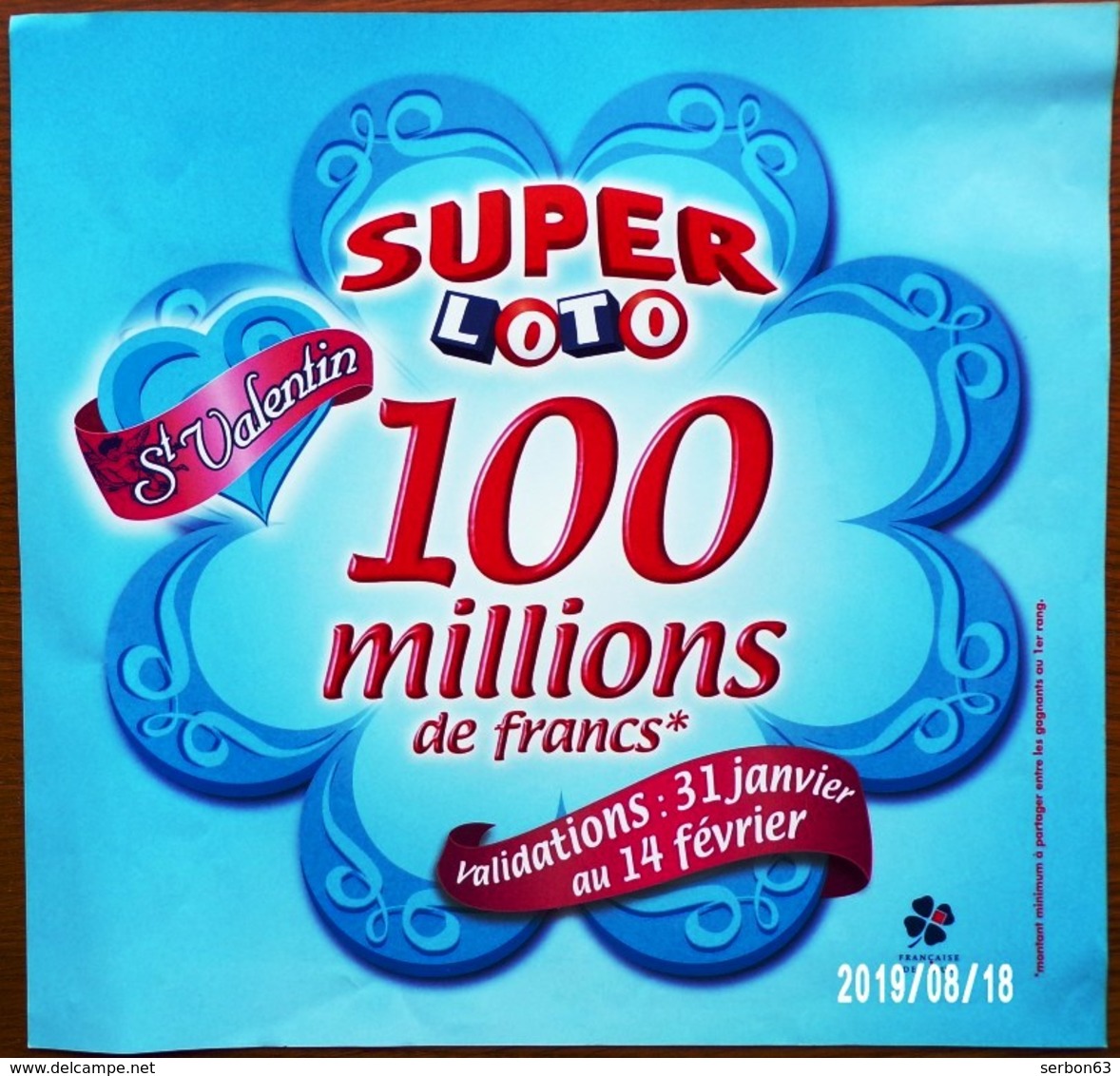 FDJ F.D.J. Fdj AFFICHETTE FRANÇAISE DES JEUX SAINT VALENTIN SUPER LOTO PUBLICITÉ VITRINE UNI FACE 28,5X29,7cm Serbon63 - Lottery Tickets