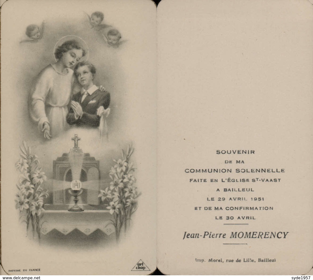 Souvenir De Communion Momerency Jean-Pierre- 23 Avril 1951 -Eglise Saint Vaast à Bailleul - Communion
