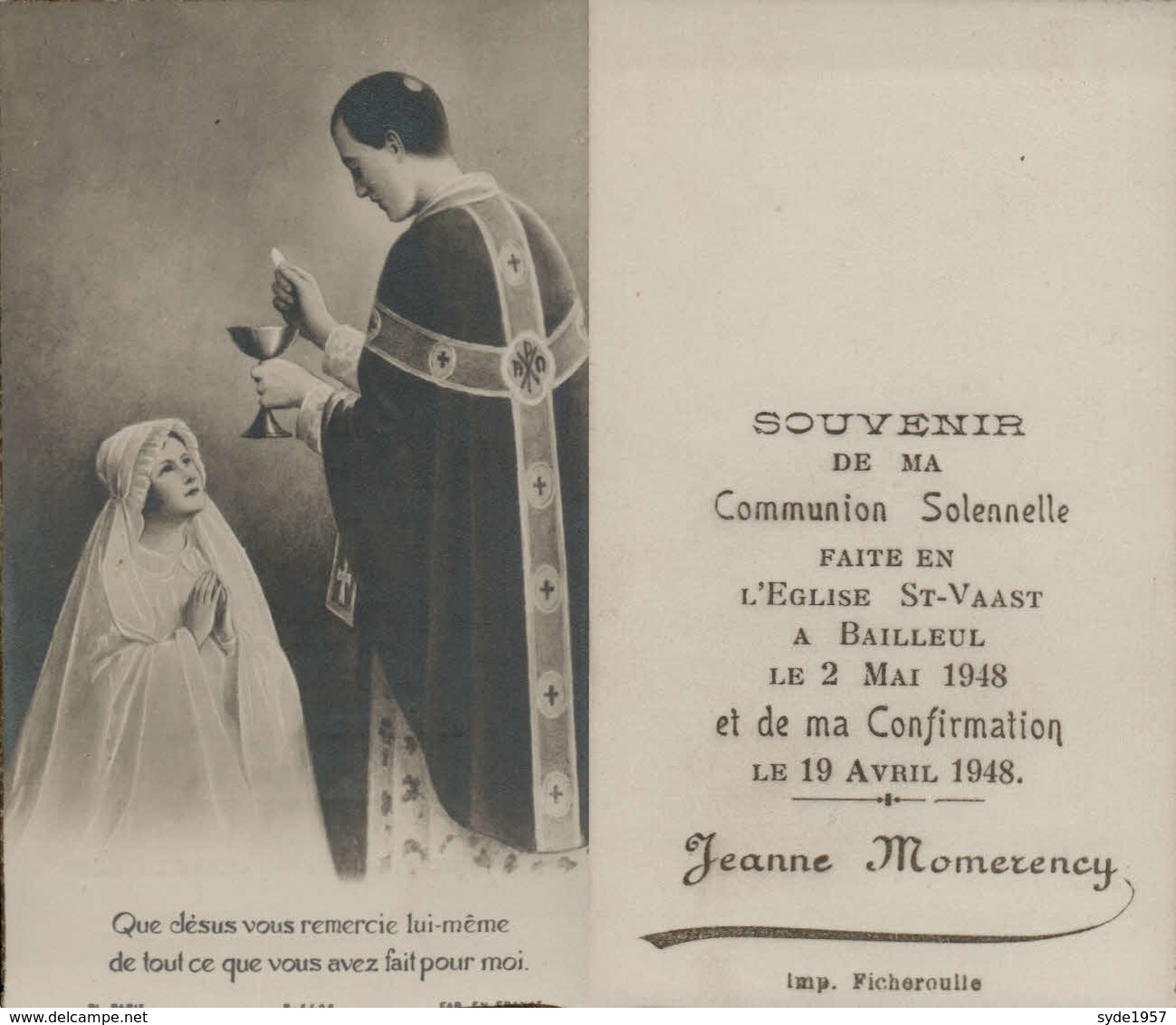 Souvenir De Communion Momerency Jeanne- 02 Mai 1948 -Eglise Saint Vaast à Bailleul - Communion