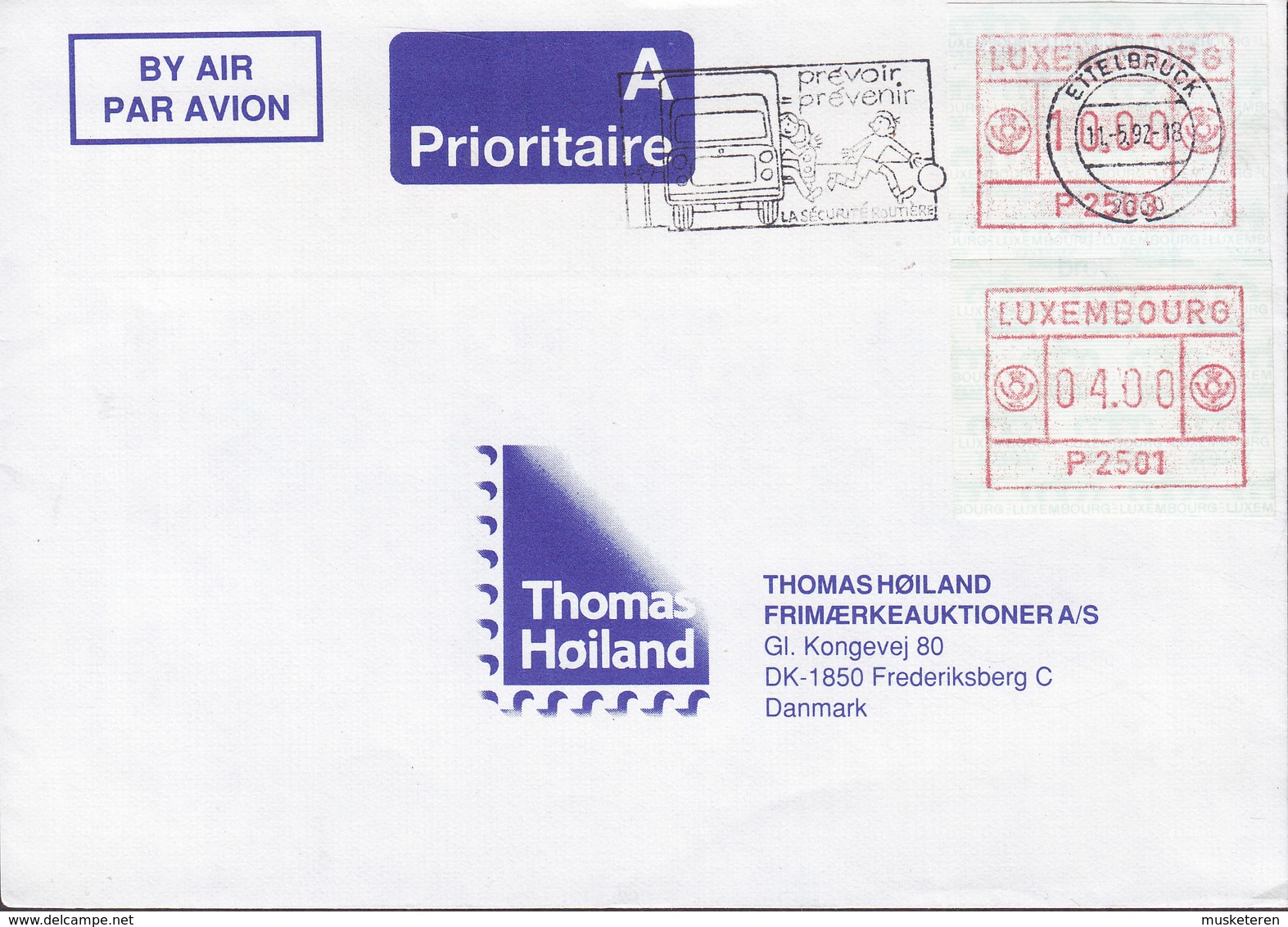 Luxembourg A PRIORITAIRE Flamme 'Prévoir Prevenir' ETTELBRUCK 1992 Cover Lettre THOMAS HØILAND Denmark ATM Frama Labels - Vignettes D'affranchissement