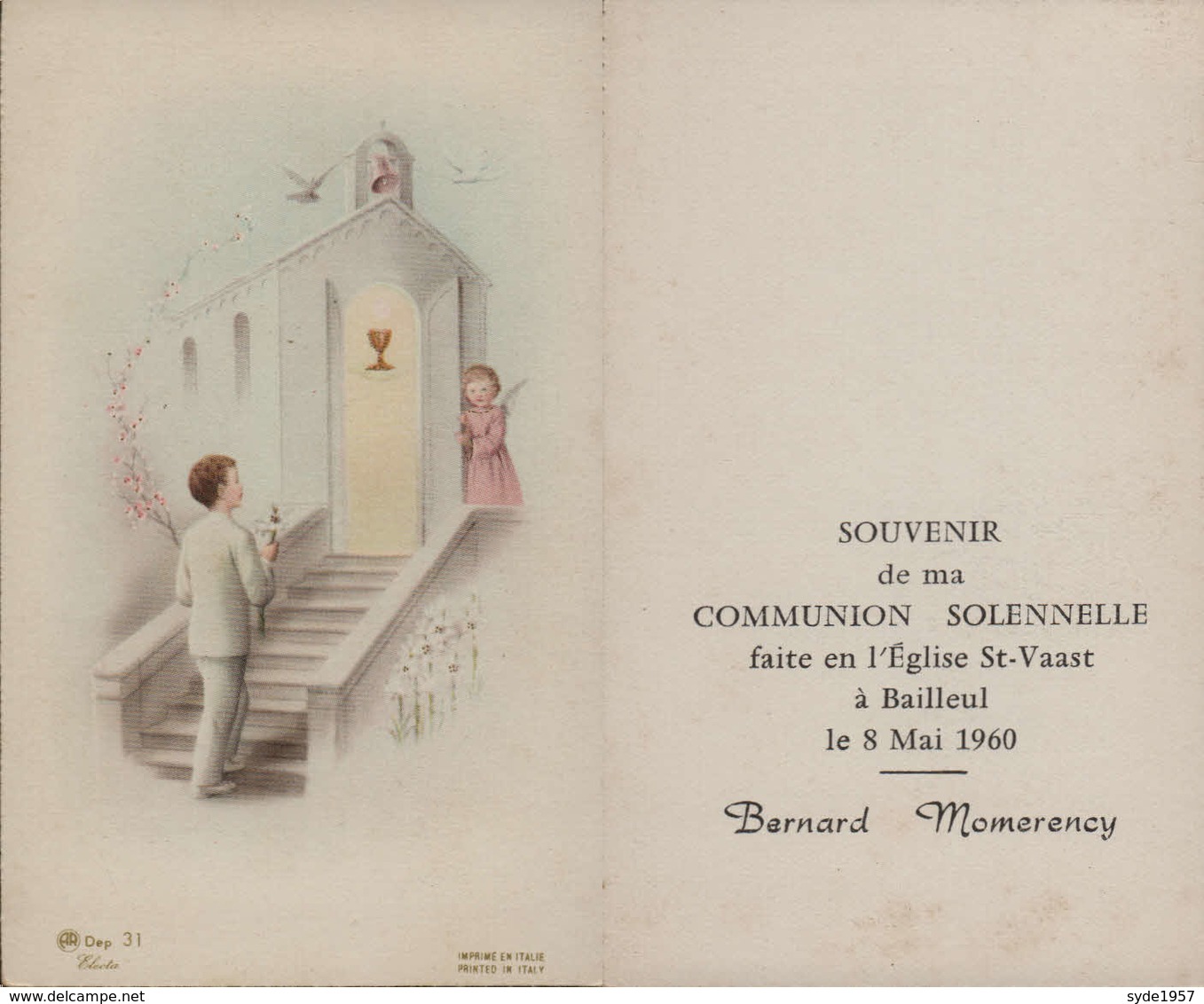 Souvenir De Communion Momerency Bernard- 08 Mai 1960 -Eglise Saint Vaast à Bailleul - Communion