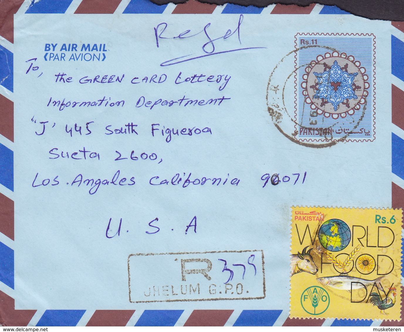 Pakistan Uprated Postal Stationery Ganzsache Entier Registered Recommandé JHELUM G.P.O. 1993 World Food Day FAO Stamp - Pakistan