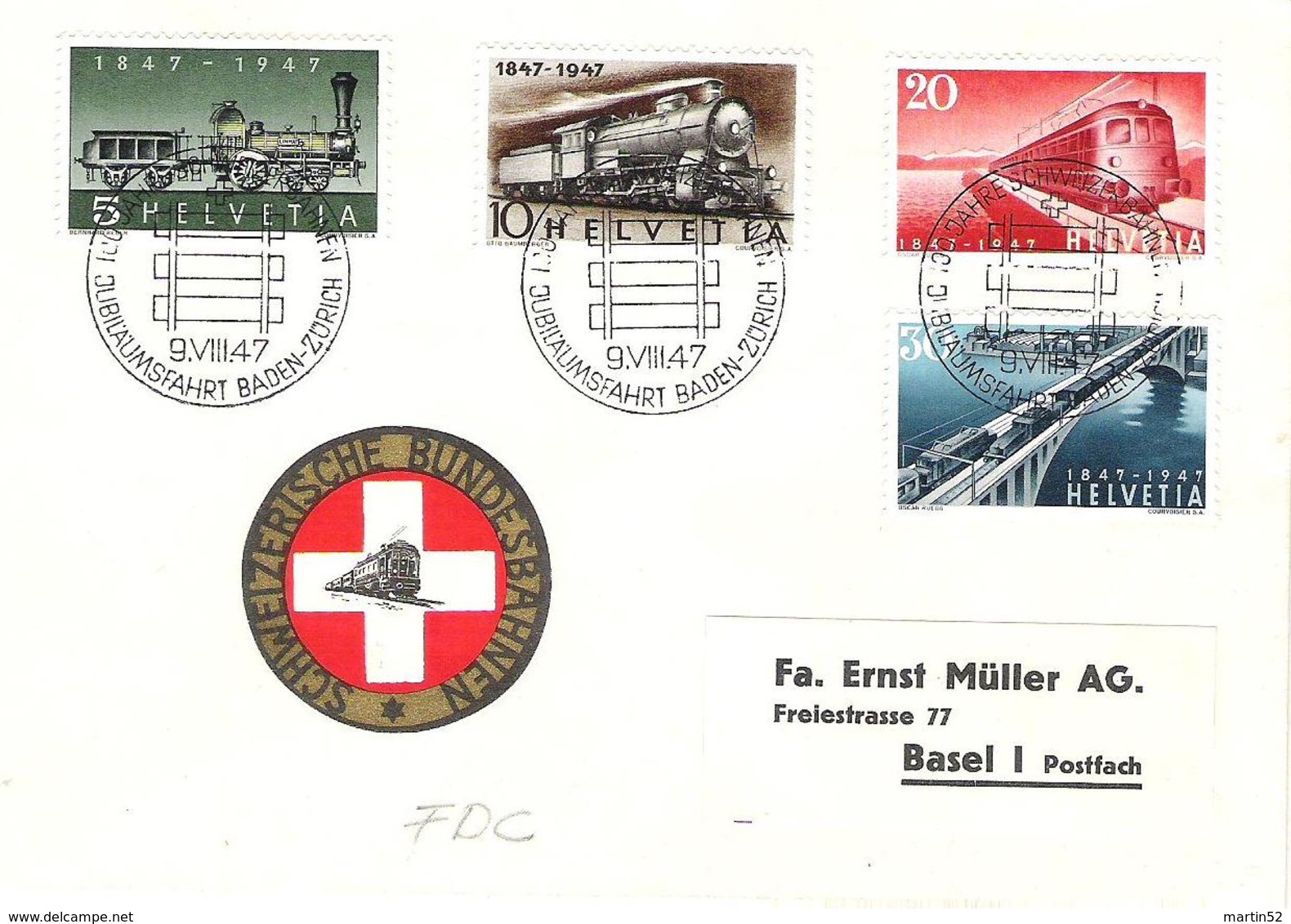 Schweiz Suisse 1947: Zu 277-280 Mi 484-487 Yv 441-444 FDC O JUBILÄUMSFAHRT ZÜRICH BADEN 9.VIII.47 (Zu CHF 48.00) - Trains