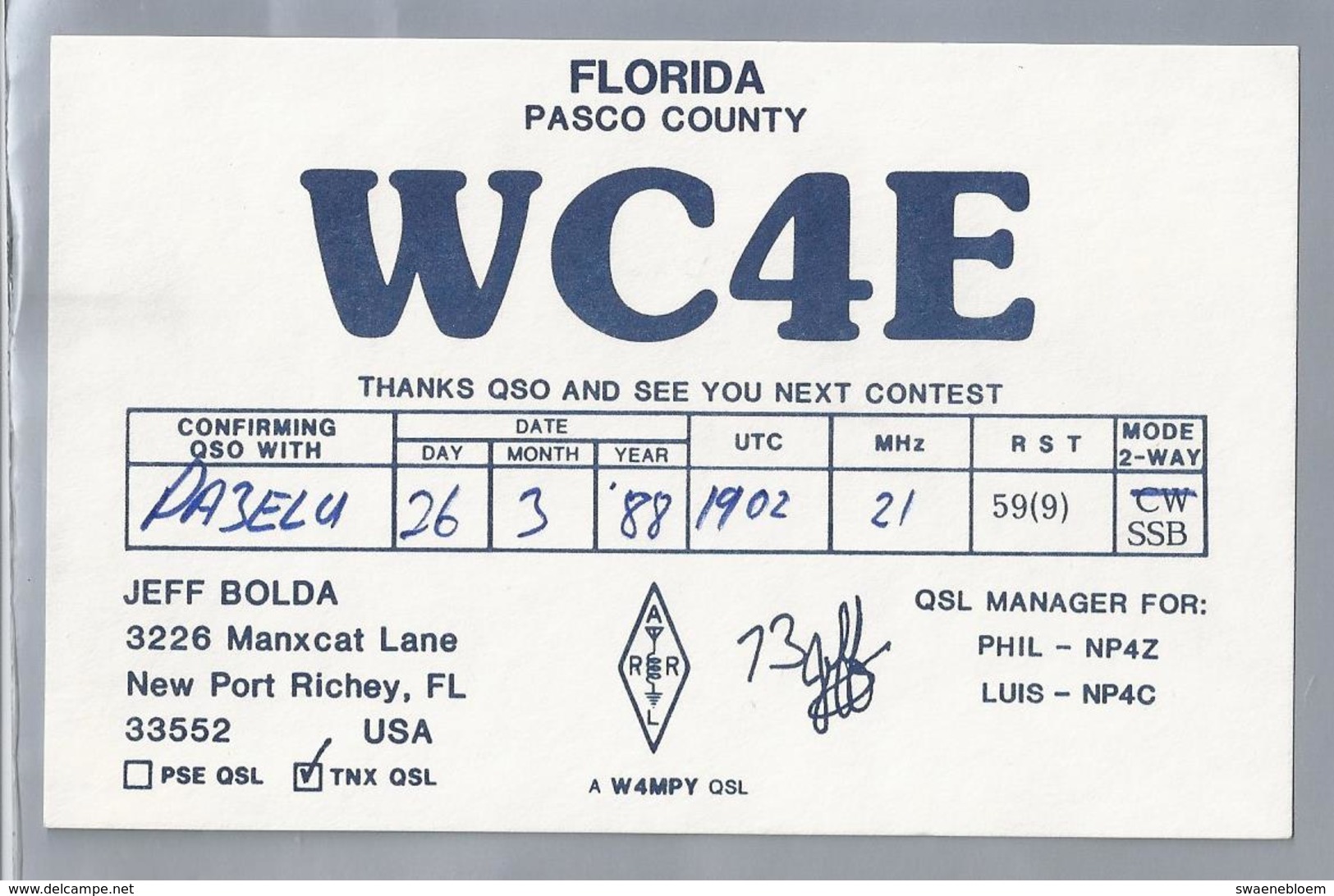 US.- QSL KAART. CARD. WC4E. JEFF BOLDA, NEW PORT RICHEY, FLORIDA. PASCO COUNTY. U.S.A. - Radio-amateur