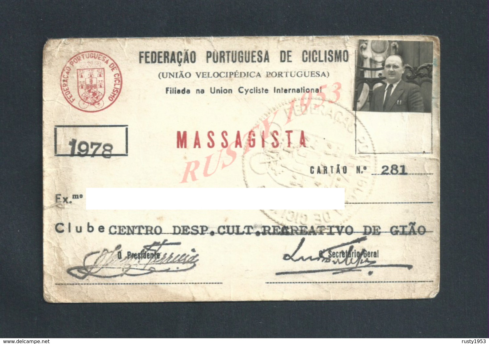 PORTUGAL CARTE  FEDERACAO PORTUGUESA DE CICLISME CICLISME VELO MASSAGISTE ( KINÉ ) 1978 CENTRO DESPORTIFE DE GIAO : : - Autres & Non Classés