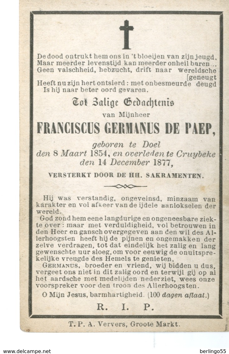 Dp. De Paep Franciscus. ° Doel 1854 † Cruybeke 1877  (2 Scan's) - Religion &  Esoterik