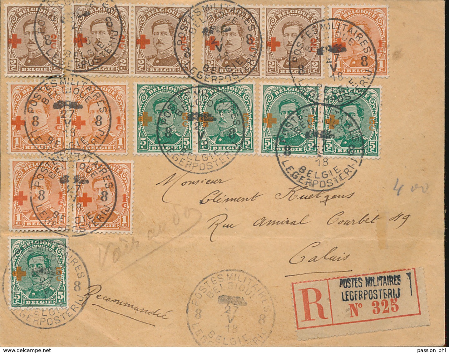 BELGIUM 1918 RED CROSS NOCE COVER BY REGISTERED PM 8 27.05.18 TO CALAIS (0.15 + REC 0.25 = 0.40) - 1918 Red Cross