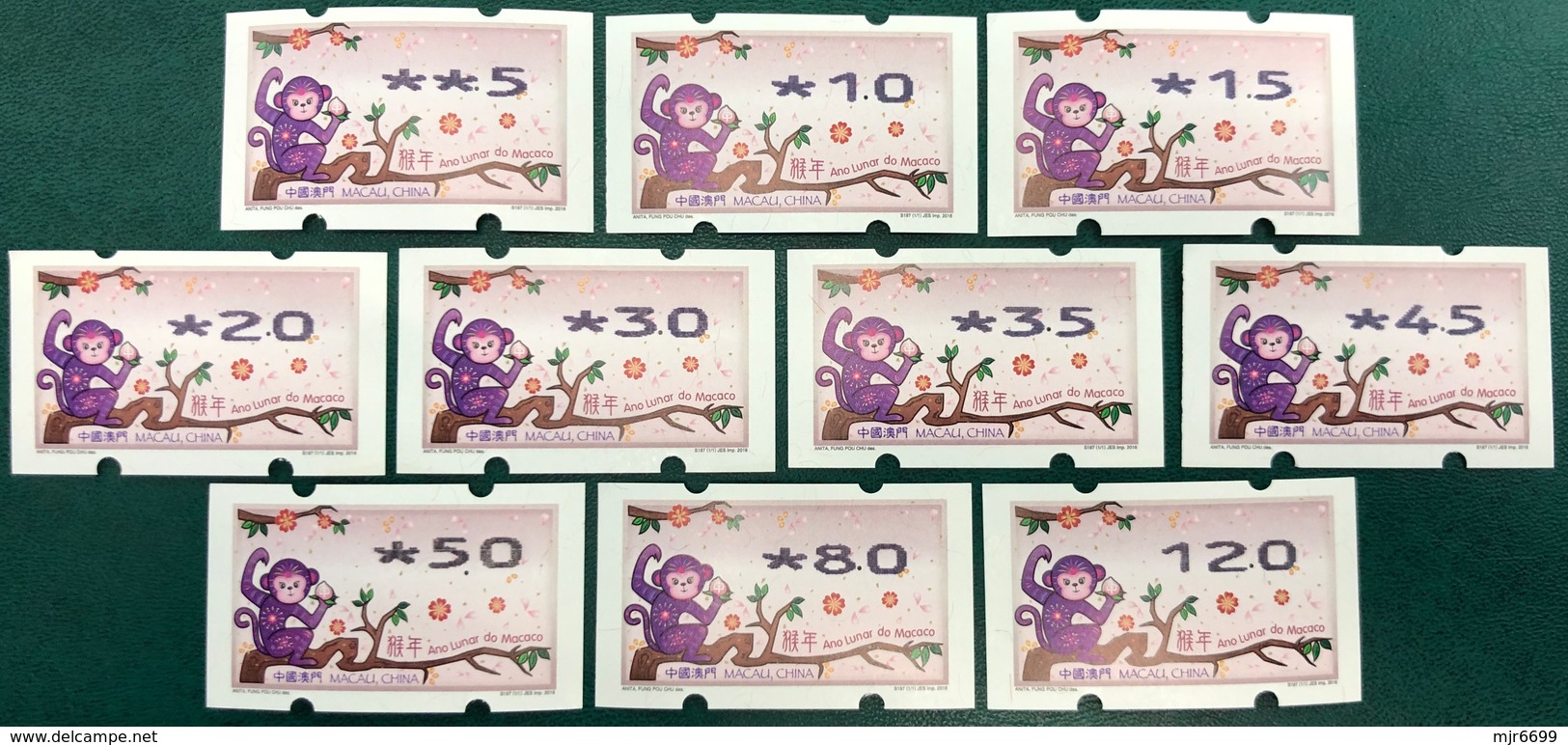 MACAU ATM LABELS, ZODIAC NEW YEAR OF THE MONKEY ISSUE COMPLETE SET NAGLER 104 ALL FINE UM MINT - Automaten