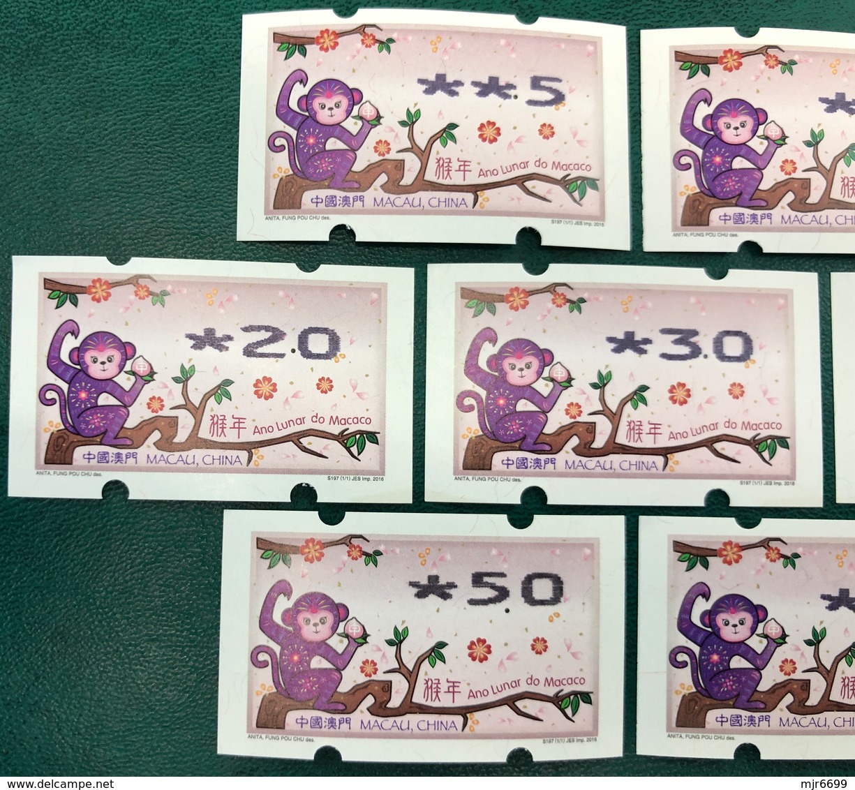 MACAU ATM LABELS, ZODIAC NEW YEAR OF THE MONKEY ISSUE COMPLETE SET NAGLER 104 ALL FINE UM MINT - Distributeurs