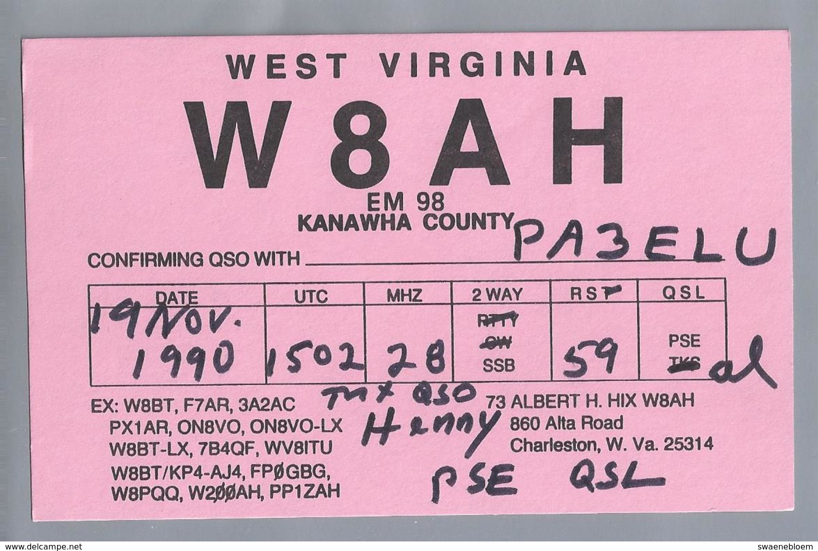 US.- QSL KAART. CARD. W8AH. ALBERT H. HIX, CHARLESTON, WEST VIRGINIA. KANAWHA COUNTY. U.S.A. - Radio-amateur