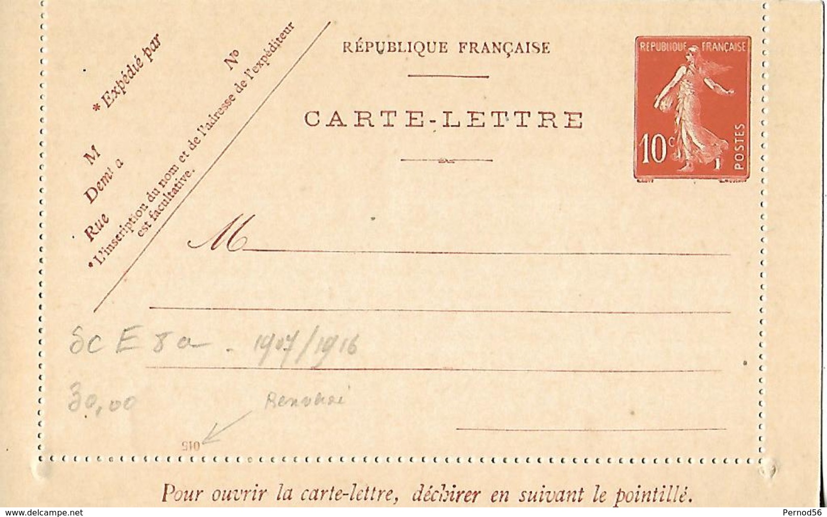 Timbre Entier Postal  TYPESemeuse 10 C Sur Carte Lettre Neuve DATE =015 EN ROUGE Non Oblitéré - 1900-29 Blanc