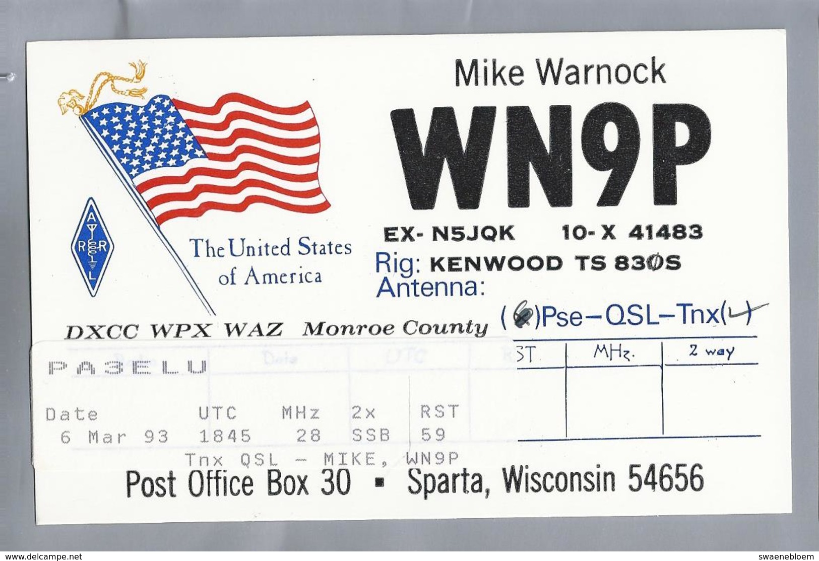US.- QSL KAART. CARD.  WN9P. MIKE WARNOCK, SPARTA, WISCONSIN. MONROE COUNTY. U.S.A. ARRL. - Radio-amateur