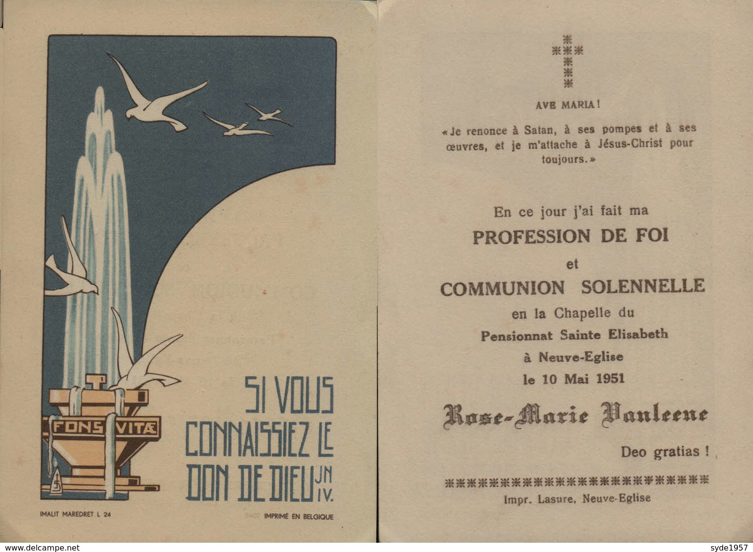 Souvenir De Communion VANLEENE Rose-Marie - 10 Mai 1951 -Pensionnat Sainte Elisabeth Neuve-Eglise - Communion
