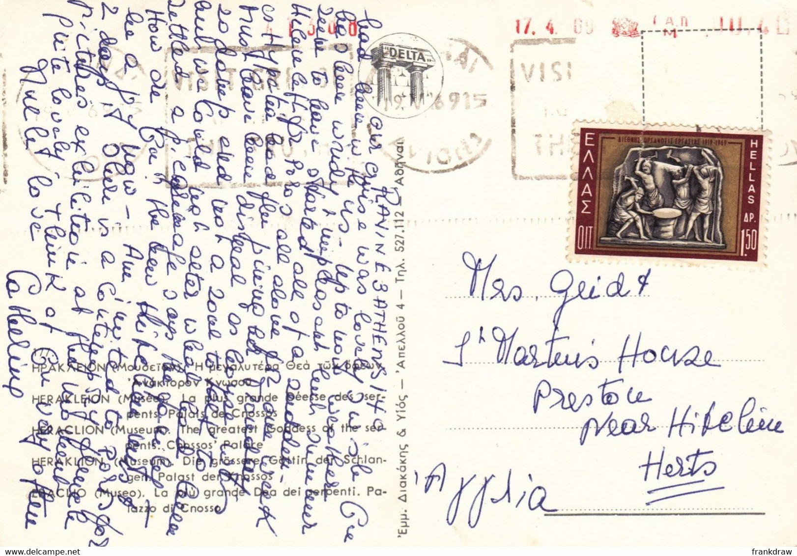 Postcard - Heraclion Museum - The Greatest Goddess Of The Serpents - Posted 17-04-69 - VG - Unclassified