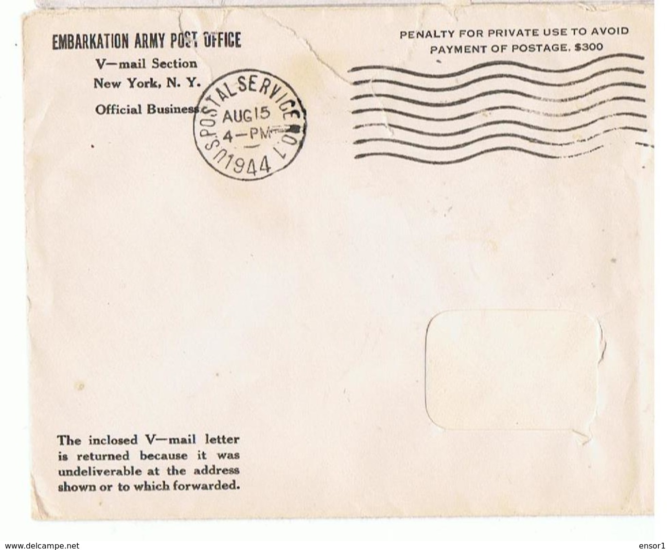 USA 1944 MISSING RETURNED TO WRITER Embarkation V-mail - Lettres & Documents