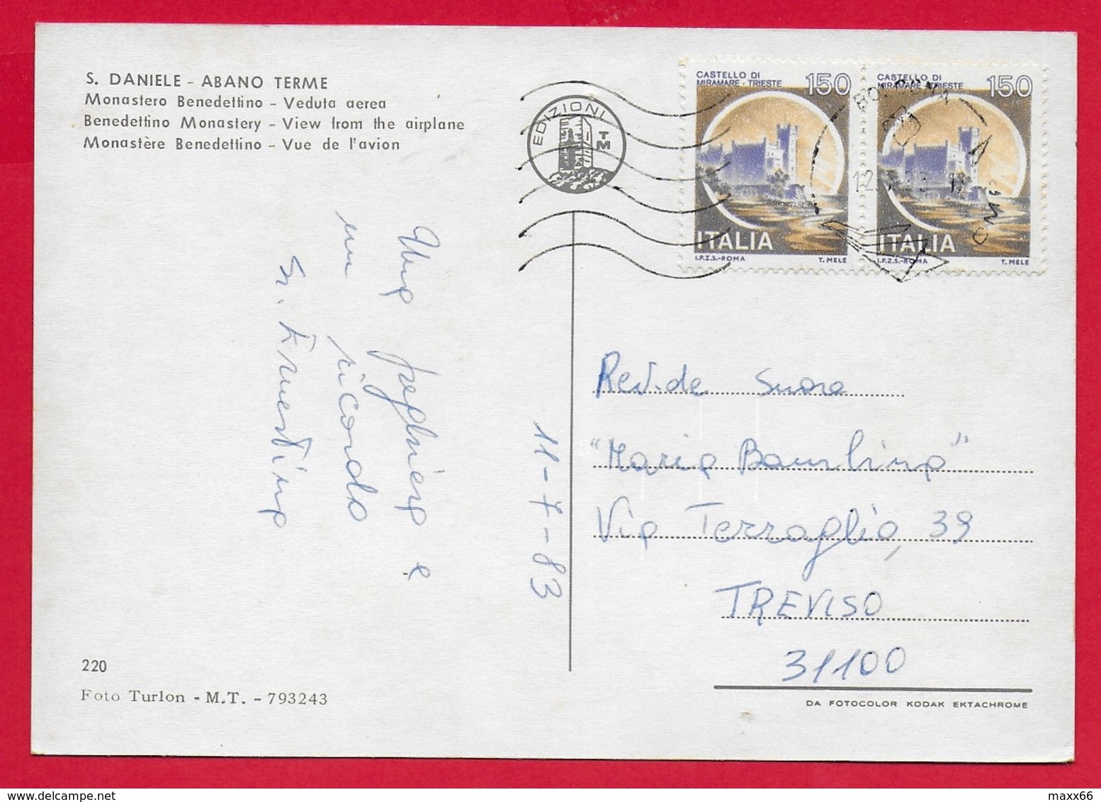 CARTOLINA VG ITALIA - ABANO TERME (PD) - SAN DANIELE - Monastero Benedettino - Veduta Aerea - 10 X 15 - 1983 - Padova