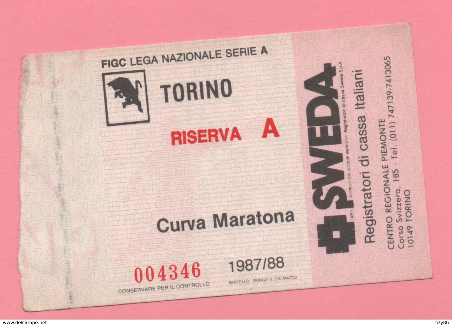 Biglietto D'ingresso Stadio Torino Riserva A 1987-88 - Toegangskaarten