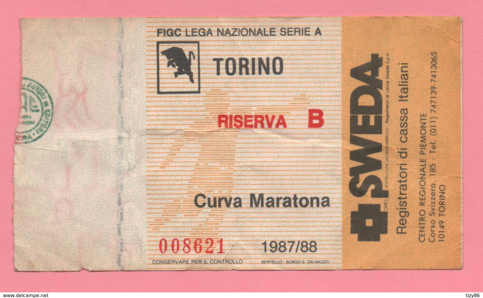 Biglietto D'ingresso Stadio Torino Riserva B 1987-88 - Toegangskaarten