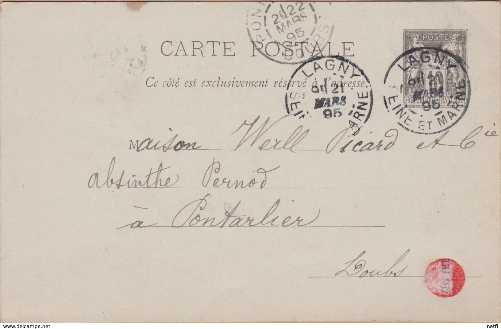 CARTE ENTIER  TYPE SAGE 10 C NOIR  1895 LAGNY A PONTARLIER CACHET CAFE RESTAURANT HOTEL AU DOS - Postales Tipos Y (antes De 1995)