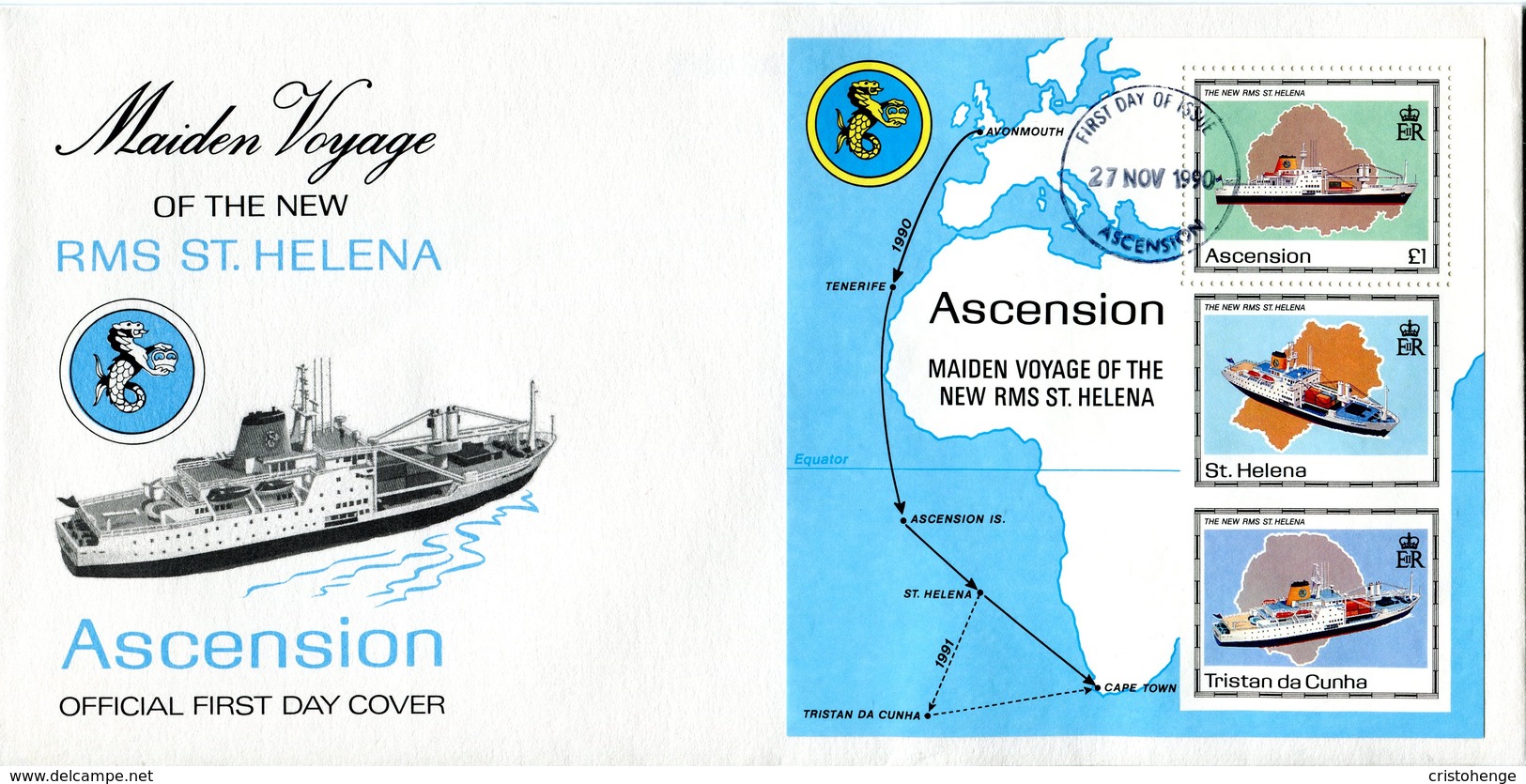 Ascension 1990 Maiden Voyage Of RMS St Helena MS FDC Cover - Ascension
