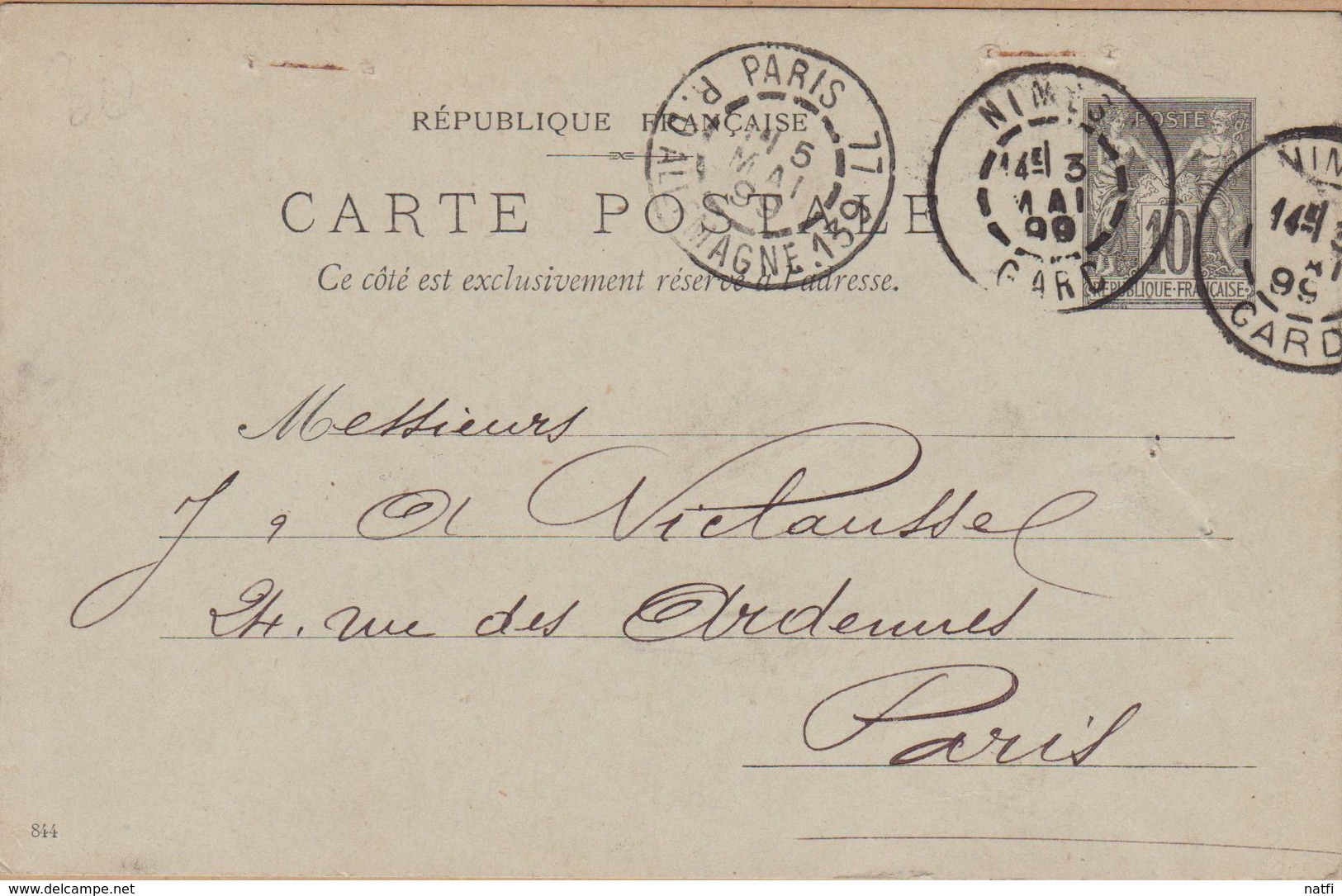 CARTE ENTIER  TYPE SAGE 10 C NOIR  1899 NIMES A PARIS 77 RUE D'ALLEMAGNE - Cartes Postales Types Et TSC (avant 1995)