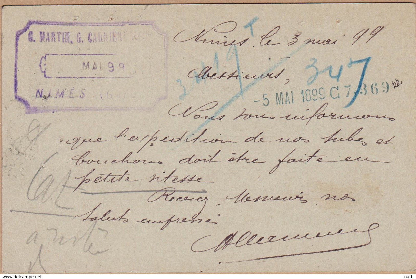 CARTE ENTIER  TYPE SAGE 10 C NOIR  1899 NIMES A PARIS 77 RUE D'ALLEMAGNE - Cartes Postales Types Et TSC (avant 1995)