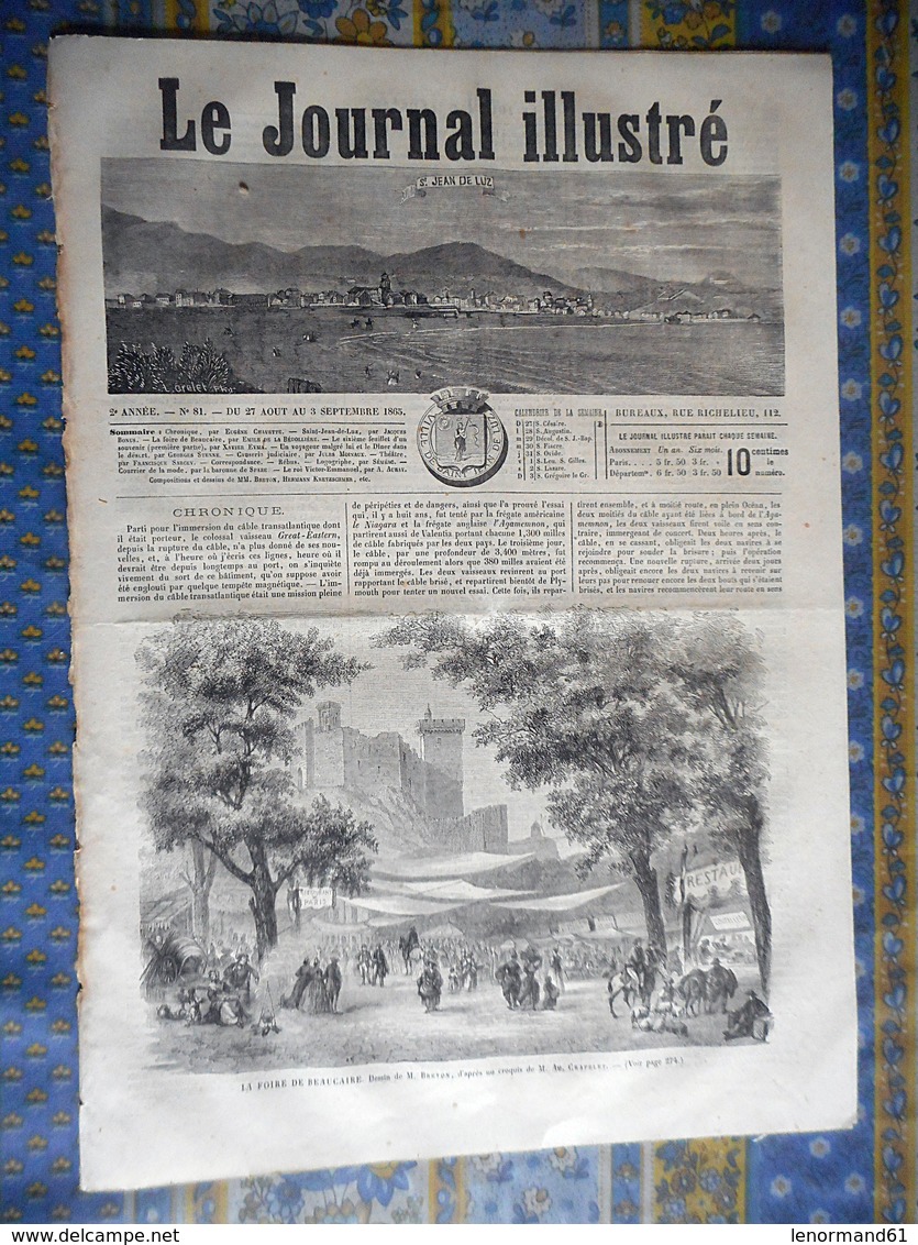 LE JOURNAL ILLUSTRE 27/08/1865 SAINT JEAN DE LUZ FOIRE BEAUCAIRE HUMOUR HERMANN KRETZSCHMER VICTOR EMMANUEL II CIBRARIO - 1850 - 1899