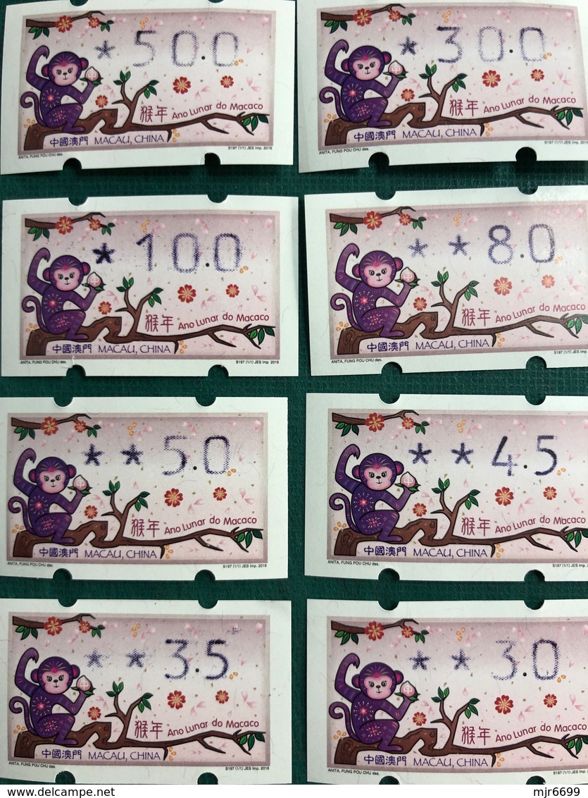 MACAU ATM LABELS, ZODIAC NEW YEAR OF THE MONKEY ISSUE COMPLETE SET KLUSSENDORF - Automatenmarken