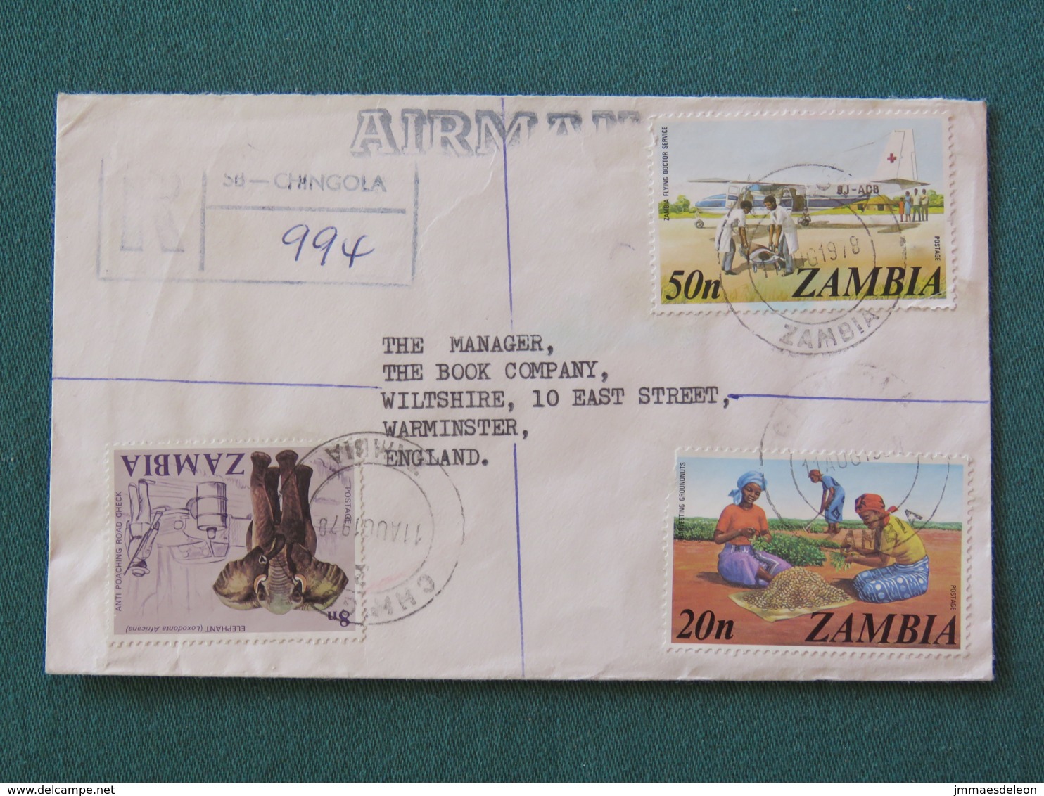 Zambia 1978 Registered Cover To England - Elephant - Plane - Flying Doctors - Harvesting Groundnuts - Zambia (1965-...)