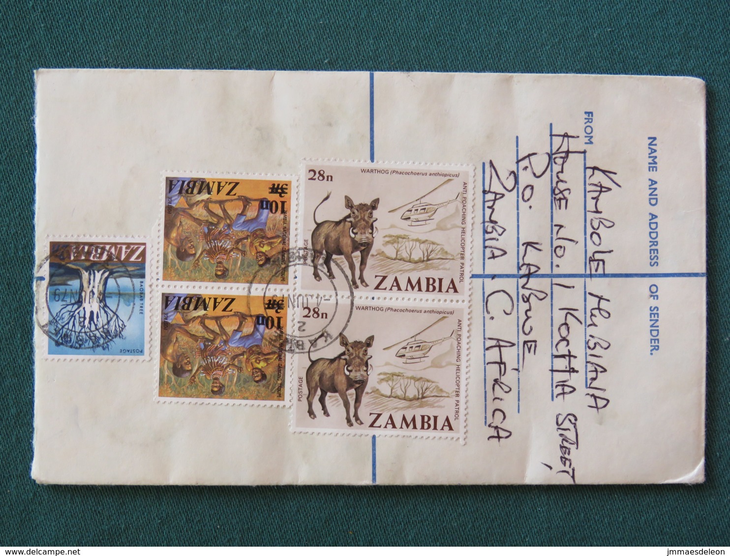 Zambia 1979 Registered Cover To England - Dance - Baobab Tree - Wharthog Wild Pig Helicopter - Zambie (1965-...)