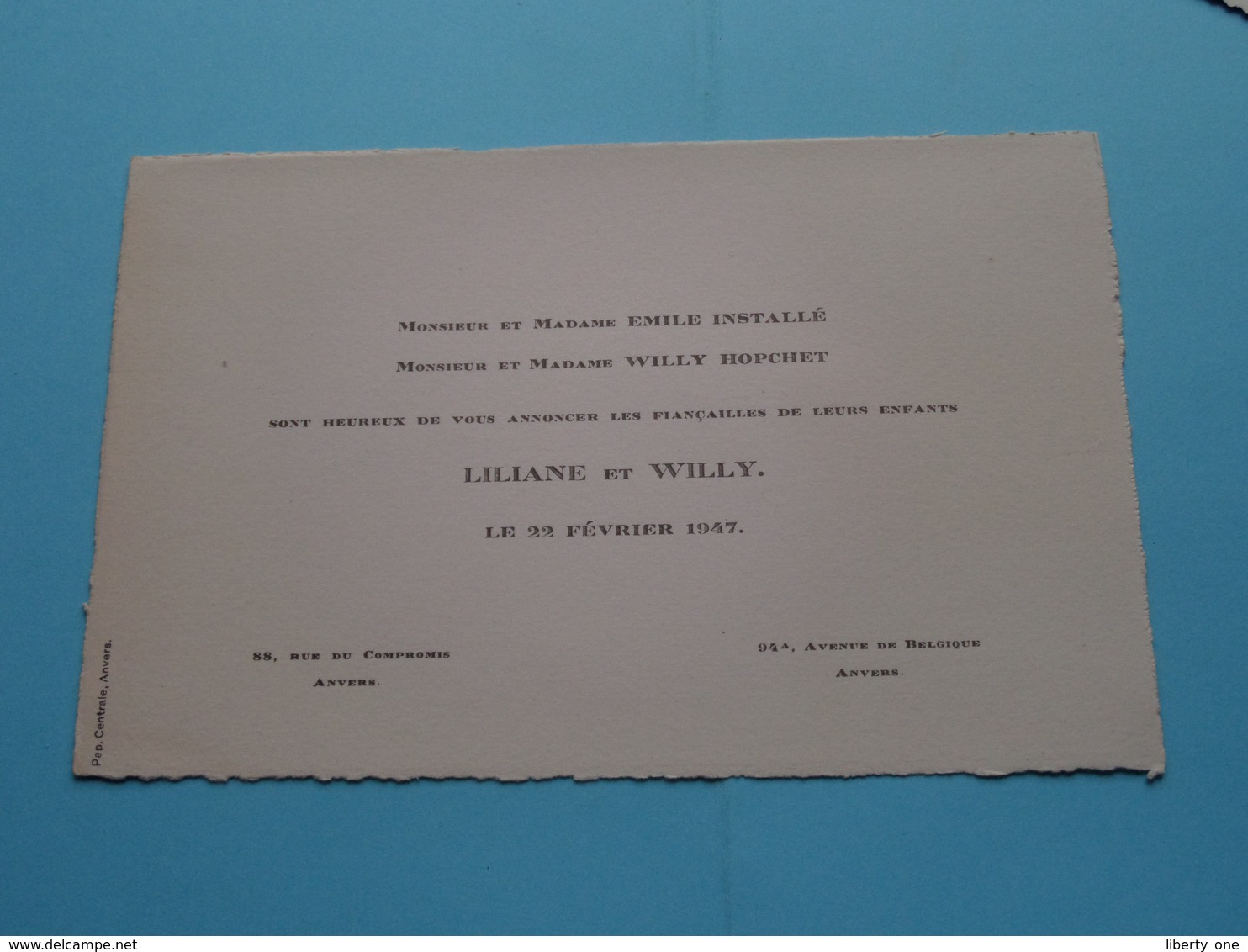 Mr. & Mme Emile Installé Et Mr. & Mme Willy Hopchet > LILIANE Et WILLY Le 22 Fév. 1947 > ANVERS ( Zie Foto's ) ! - Boda