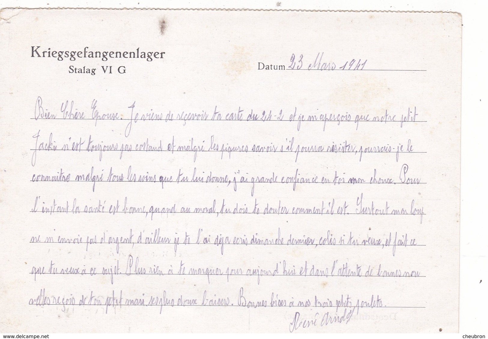 ALLEMAGNE. BONN. CORRESPONDANCE MILITAIRE. KRIEGSGEFANGENENPOST. STALAG VI G. TEXTE DU 23 MARS 1941 - 1939-45