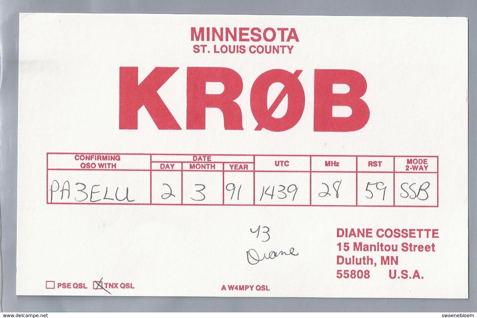 US.- QSL KAART. CARD.  KROB. KRØB. DIANA COSSETTE, DULUTH, MINNESOTA. ST. LOUIS COUNTY. U.S.A. ARRL. - Radio-amateur