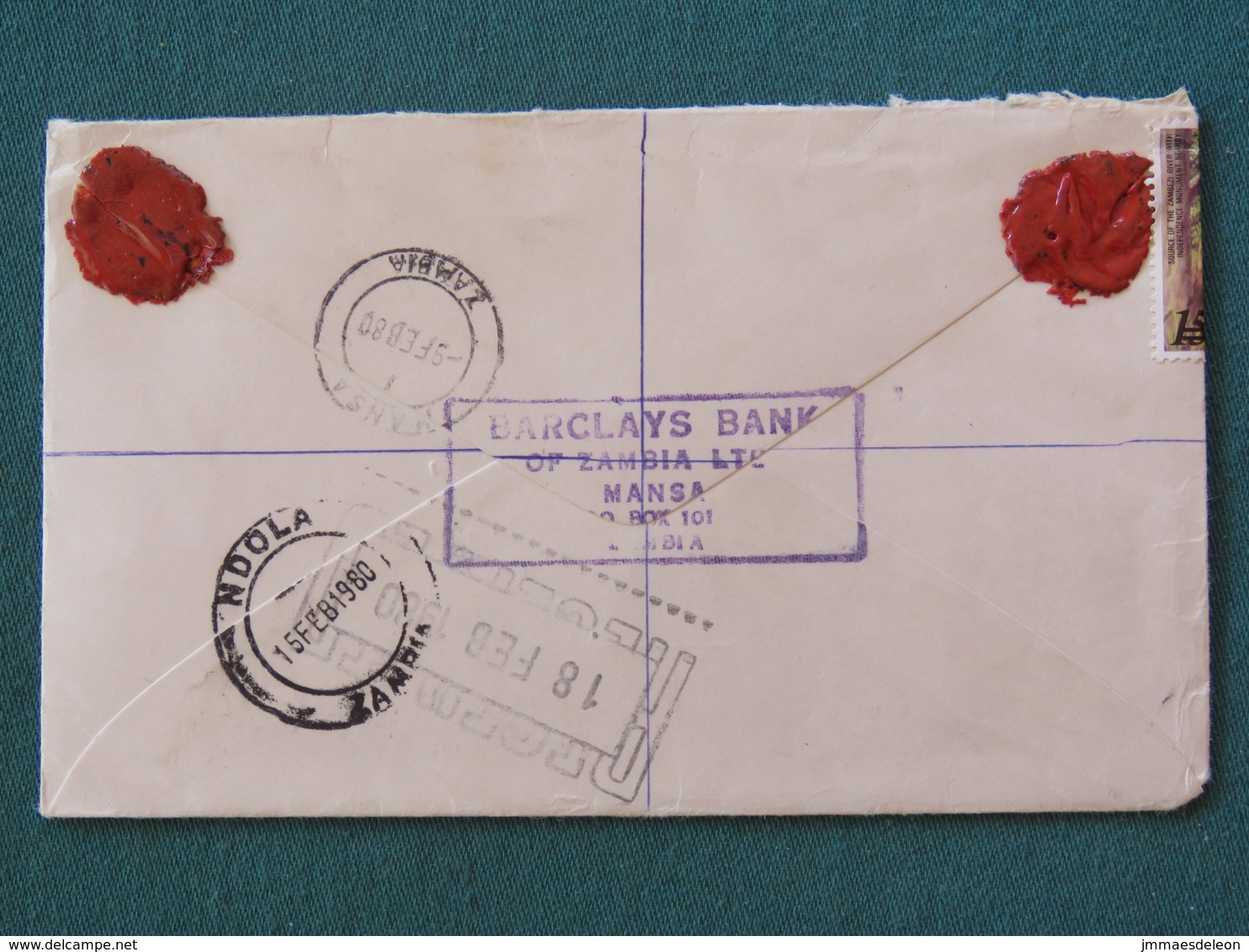 Zambia 1980 Registered Cover To England - Water Falls - Elephant - Warrior Traditional Costume - Wax Sealed - Zambia (1965-...)