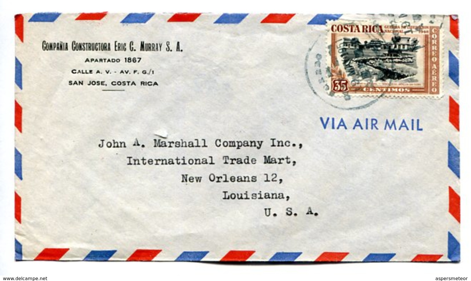 SOBRE COMERCIAL CIRCULADO SAN JOSE, COSTA RICA A LOUISIANA U.S.A. AÑO 1951. VIA AIR MAIL -LILHU - Costa Rica