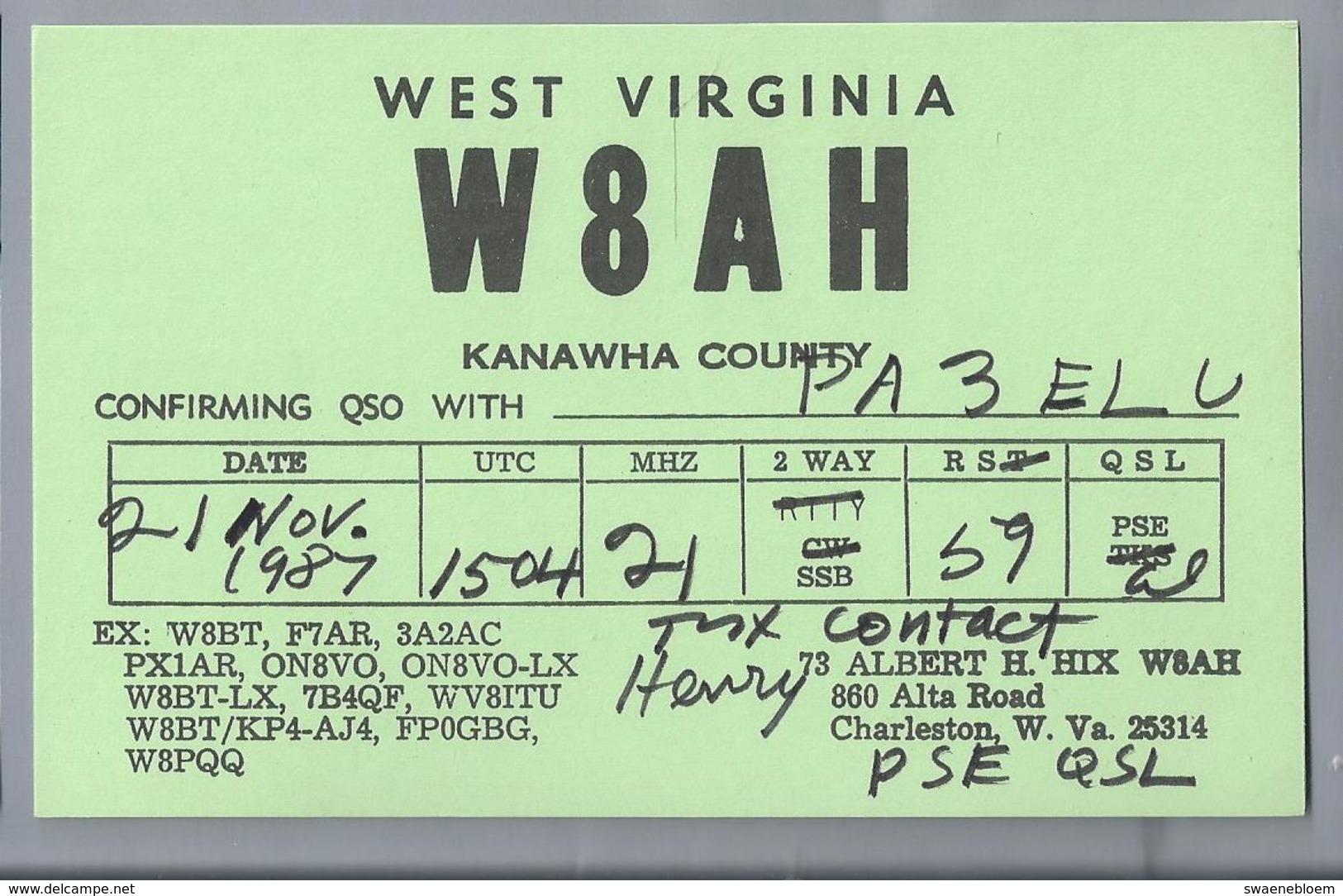 US.- QSL KAART. CARD.  W8AH. ALBERT H. HIX, CHARLESTON, WEST VIRGINIA. KANAWHA COUNTY. U.S.A. - Radio-amateur