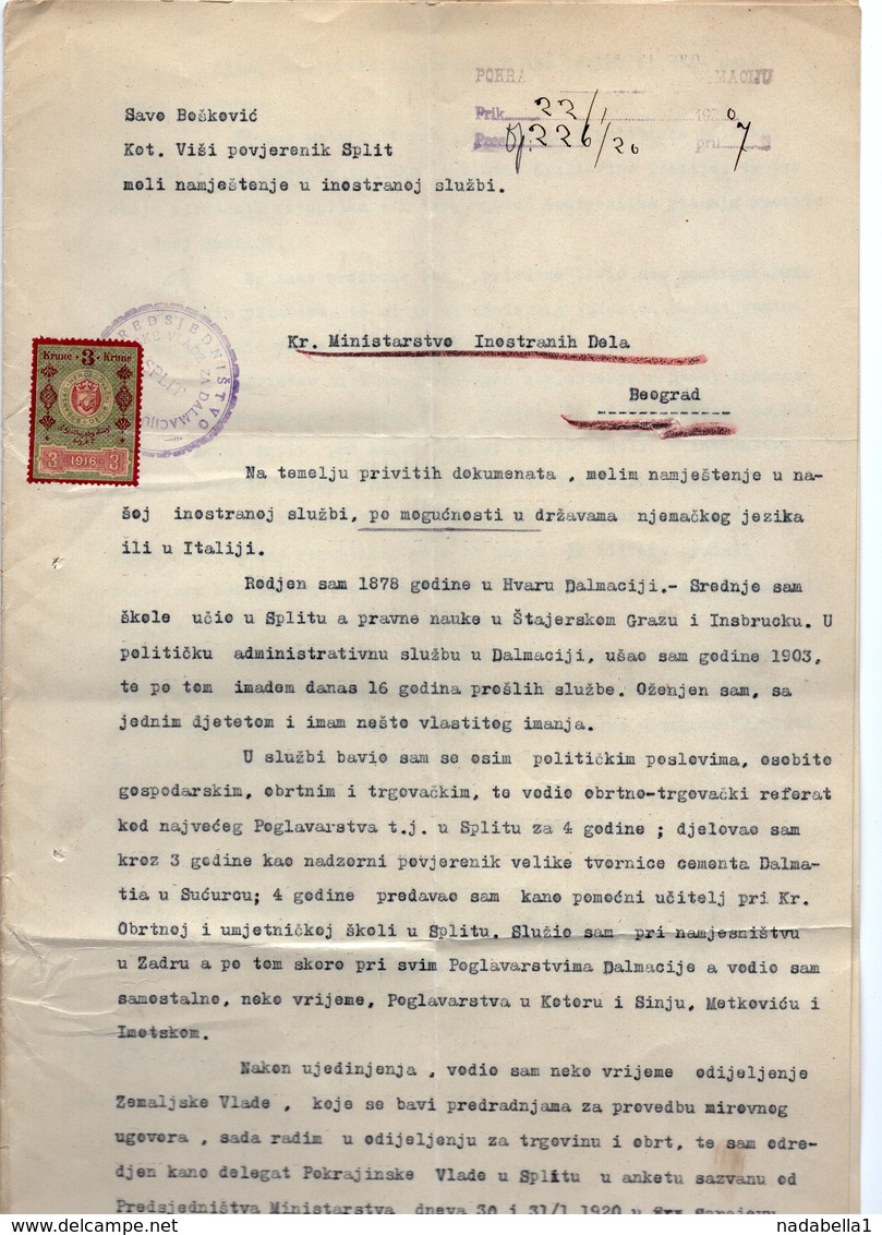 1920.YUGOSLAVIA,CROATIA,SPLIT,JOB APPLICATION LETTER FOR A FOREIGN OFFICE POST,AUSTRIAN REVENUE STAMP FOR BOSNIA,3 KRUNE - Historical Documents