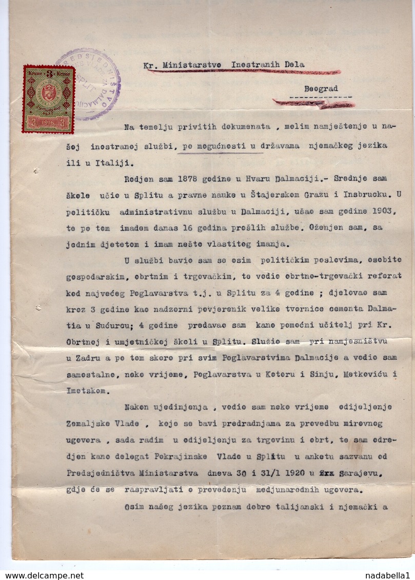 1920.YUGOSLAVIA,CROATIA,SPLIT,JOB APPLICATION LETTER FOR A FOREIGN OFFICE POST,AUSTRIAN REVENUE STAMP FOR BOSNIA,3 KRUNE - Historical Documents