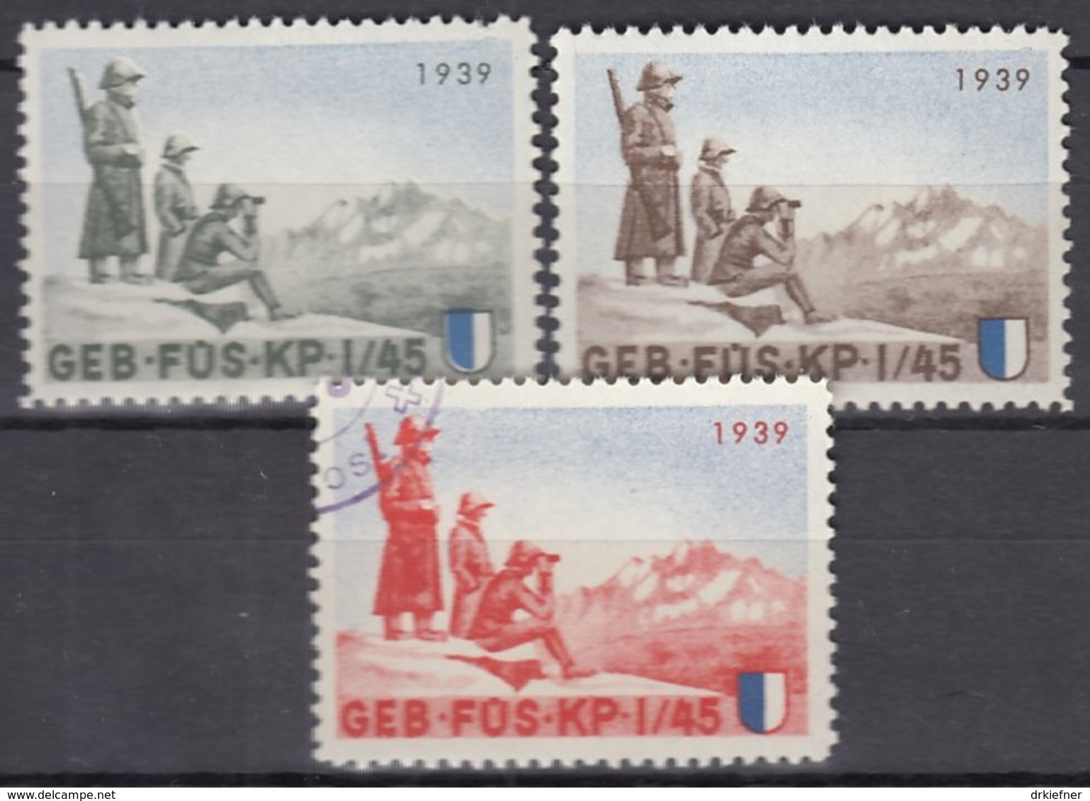 SCHWEIZ 3 Soldatenmarken: GEB.FÜS.KP. I/45, 1939, 2x Ungebraucht/gestempelt - Viñetas